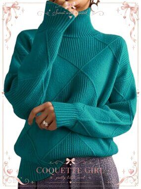 Oversized Cable Knit Turtleneck Sweater Acrylic Pullover Cozy Winter
